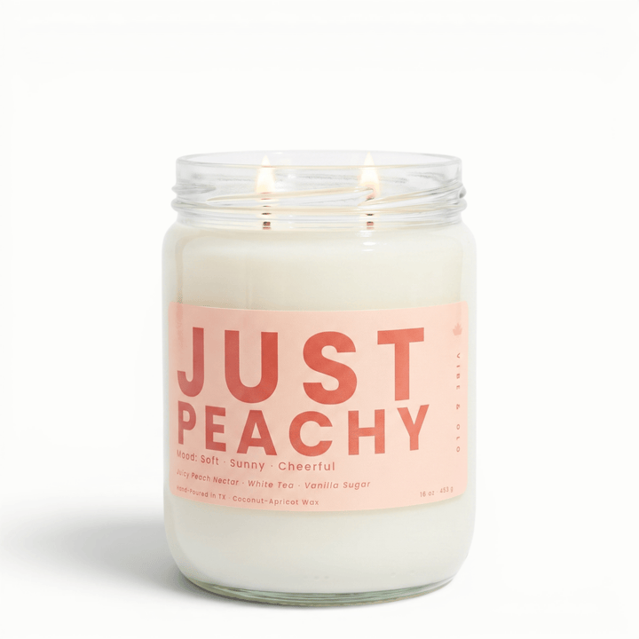 Just Peachy 2 wick candle with peach white tea and vanilla in glass jar, fruity coconut apricot wax candle for a bright cheerful home scent