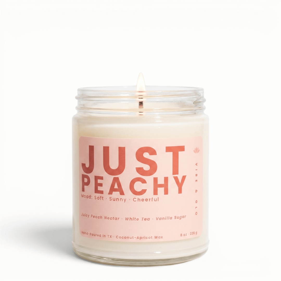 Just Peachy peach white tea vanilla candle in glass jar, soft fruity coconut apricot wax candle for a bright cheerful home fragrance