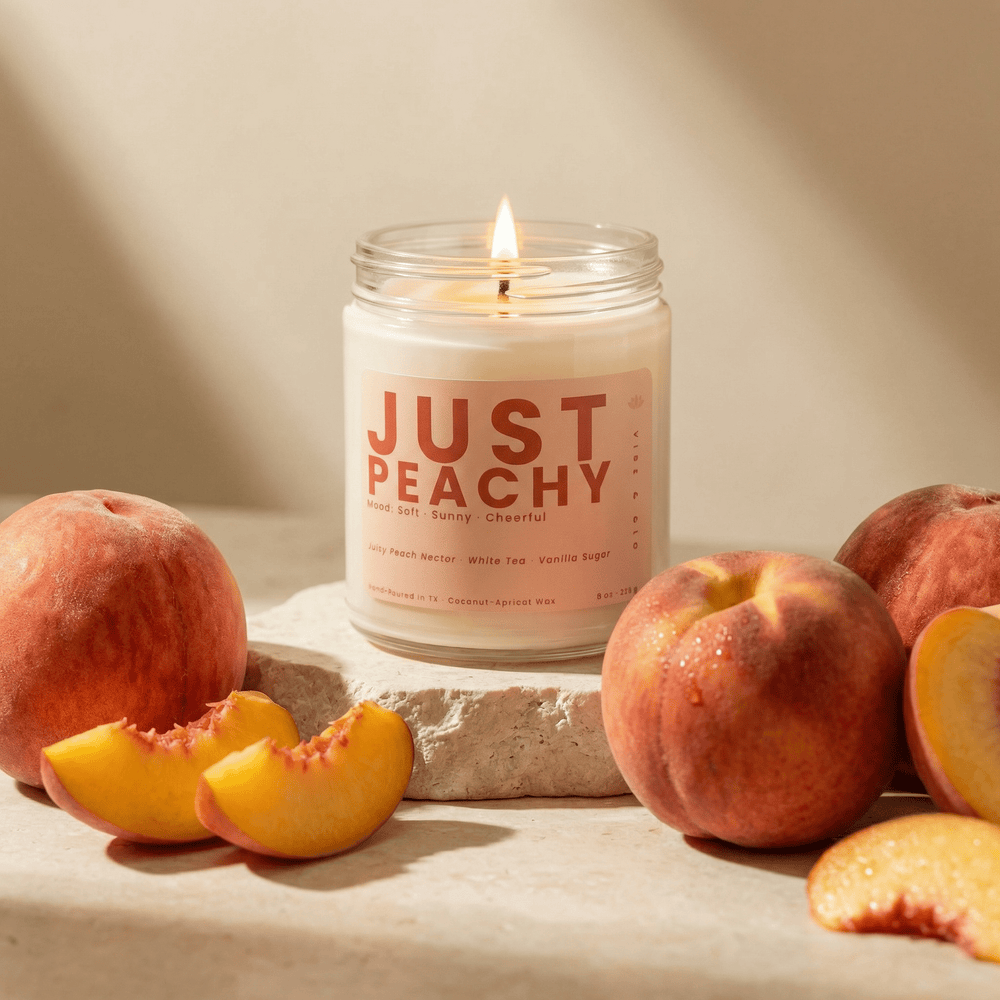 Just Peachy single wick jar candle styled with fresh peaches on stone pedestal, juicy peach nectar and vanilla scent in coconut apricot wax