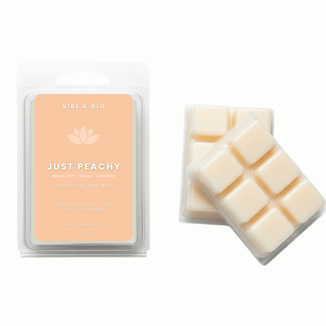 Just Peachy coconut soy wax melts by Vibe & Glo with juicy peach nectar, white tea, and vanilla sugar in a 2.5 oz wax melt pack.