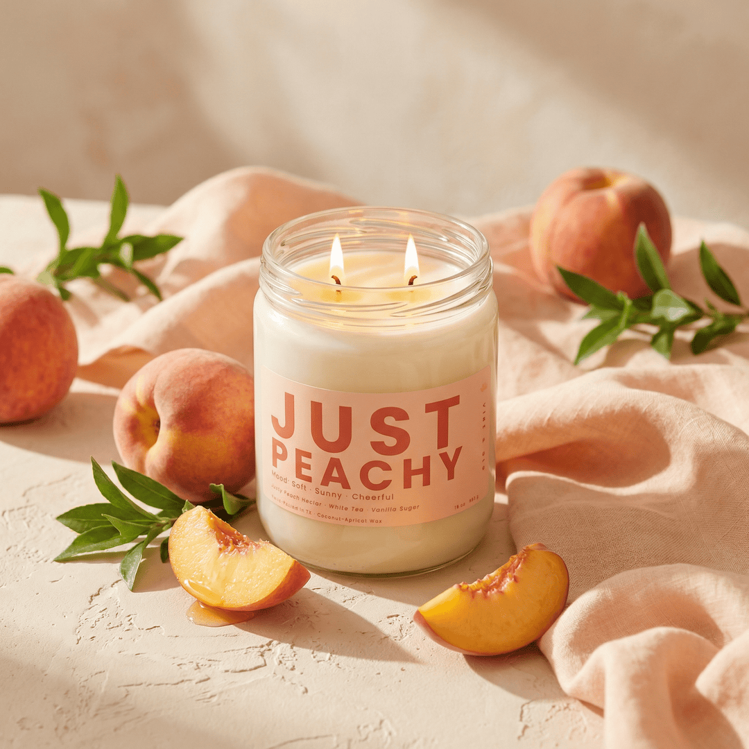 Just Peachy candle with fresh peaches and soft linen fabric in sunlight, bright fruity candle for a soft summer home vibe