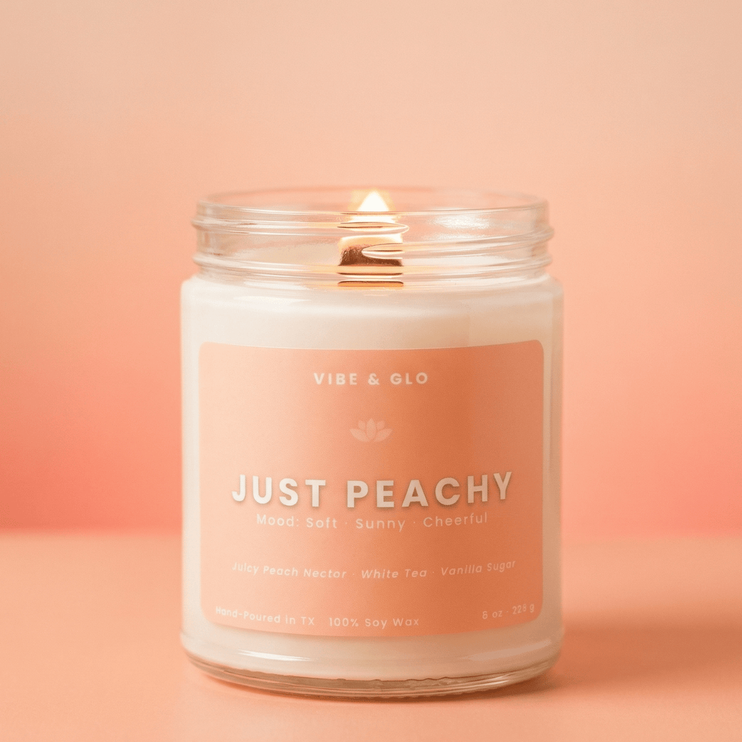 Just Peachy wooden wick soy candle by Vibe and Glo with juicy peach nectar white tea vanilla sugar soft sunny cheerful scent
