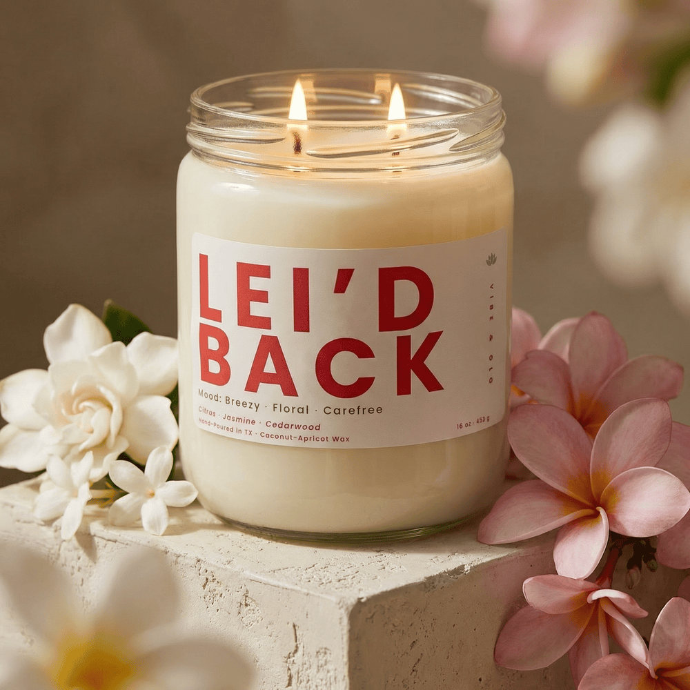 close-up of Lei’d Back 2-wick candle with soft jasmine and plumeria flowers highlighting a tropical floral scent