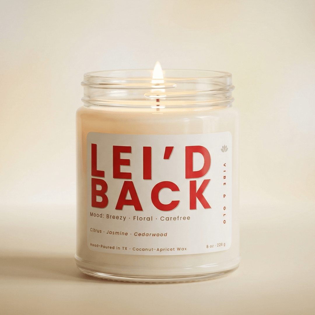 Lei’d Back jar candle with jasmine floral scent on a clean neutral background