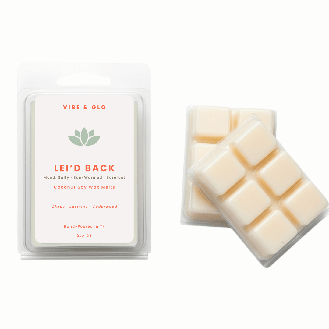 Lei’d Back wax melts clamshell with jasmine citrus cedarwood scent cubes on white background