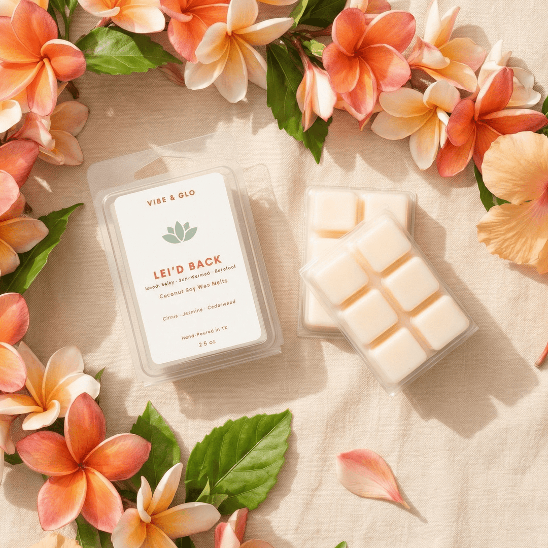 Lei’d Back wax melts surrounded by plumeria flowers in a tropical flatlay styled with warm sunlight and neutral linen background