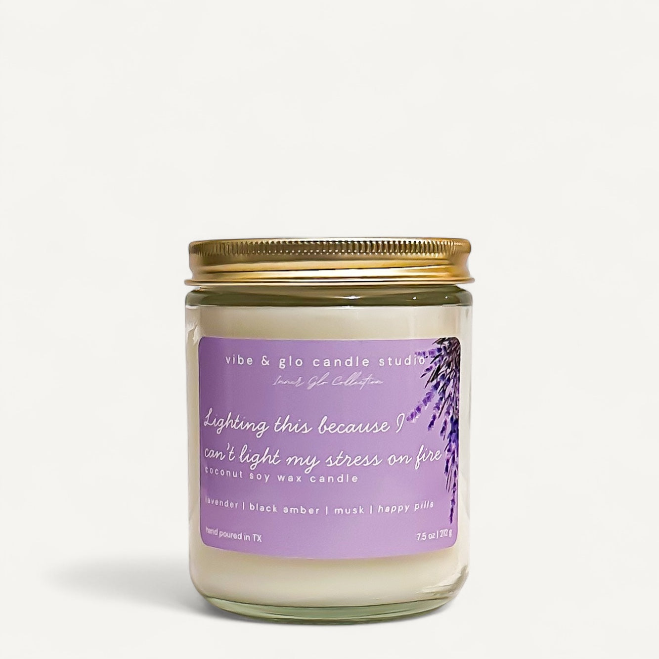 Lighting this because I can’t light my stress on fire coconut soy wax candle with lavender, black amber, and musk. Soothing, warm, relaxing fragrance.