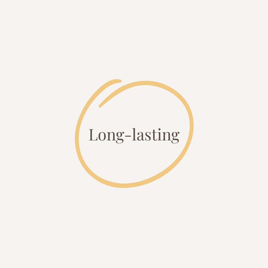 Text 'Long-lasting' within a gold circle on a light beige background