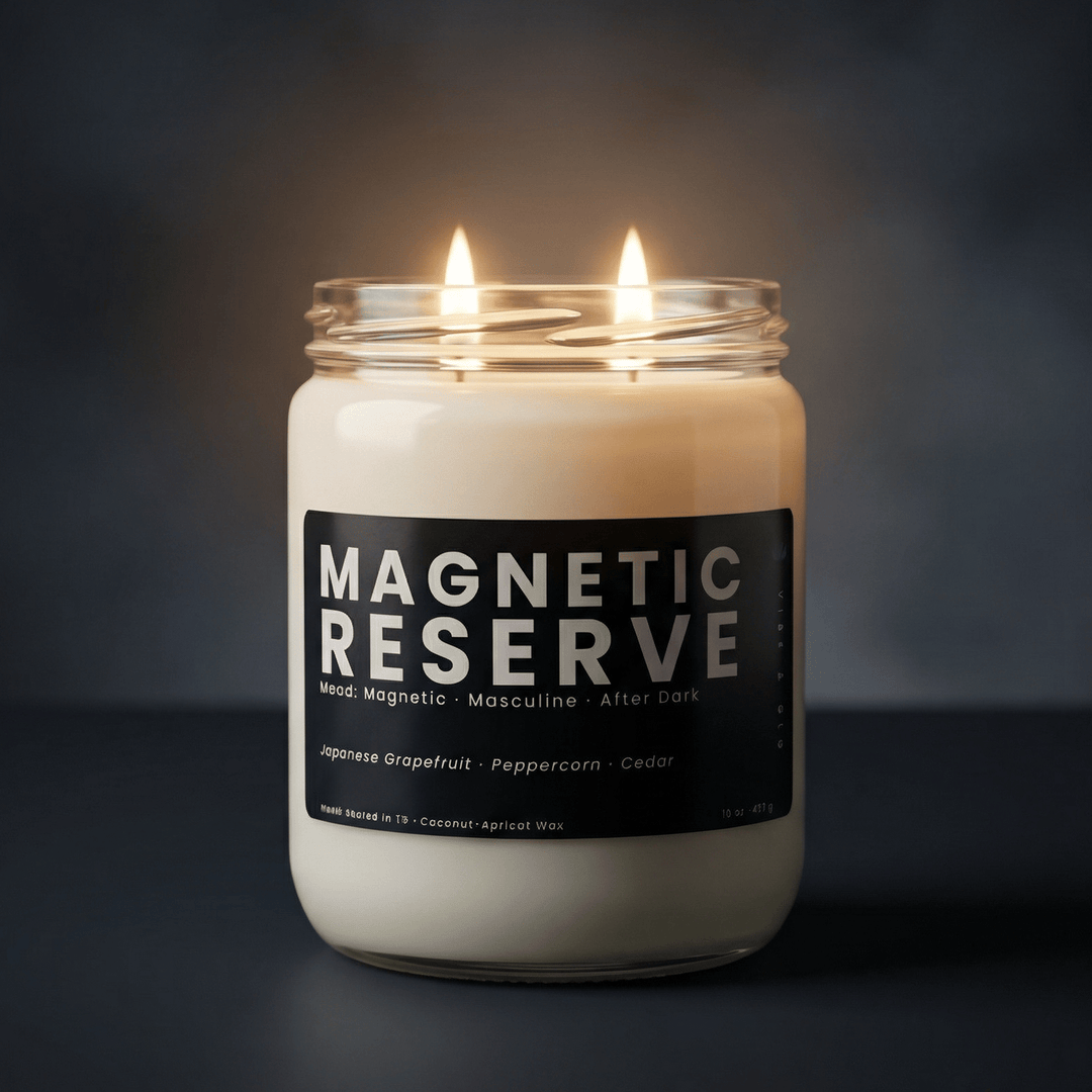 Magnetic Reserve 2-wick candle glowing against dark background, cologne-inspired candle with grapefruit, peppercorn, and cedar