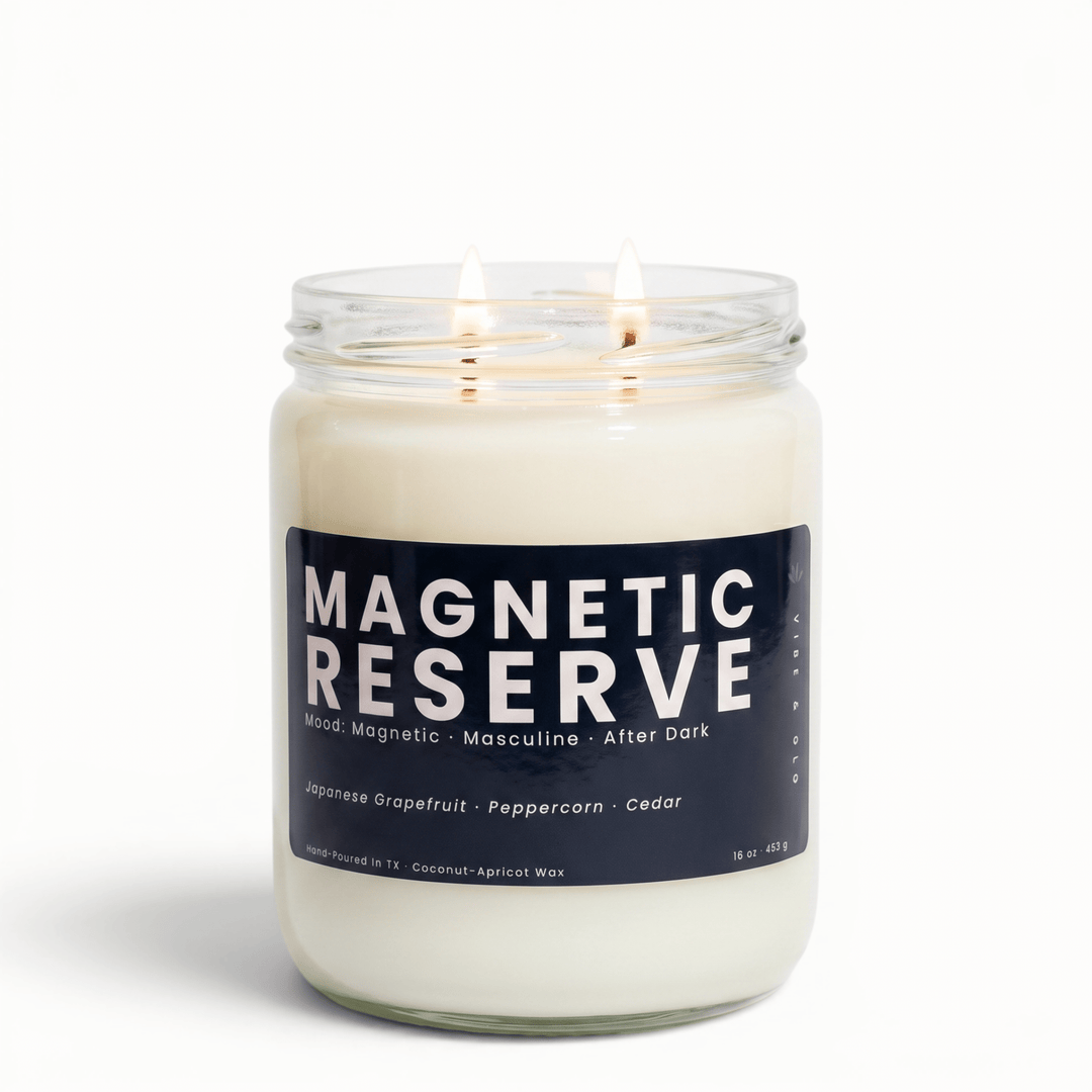 Magnetic Reserve 2 wick masculine candle with grapefruit peppercorn and cedar in glass jar, bold coconut apricot wax candle for a confident vibe