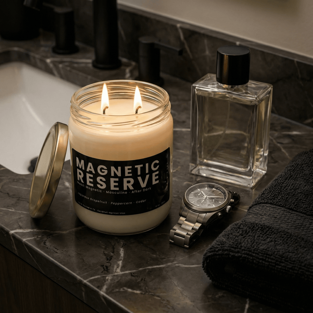 Magnetic Reserve candle on marble bathroom counter with cologne and watch, masculine home fragrance with clean modern aesthetic