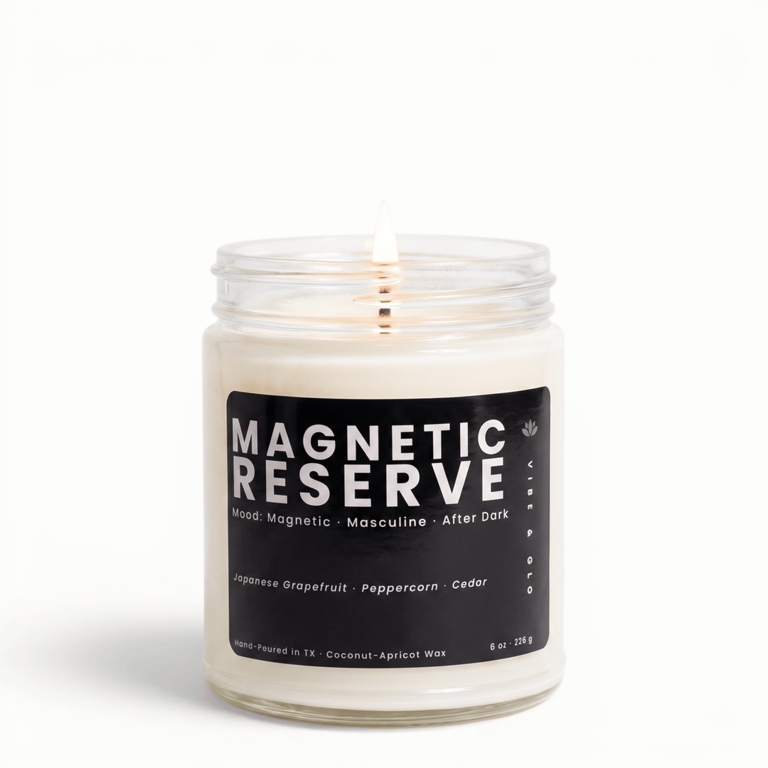 Magnetic Reserve masculine candle with grapefruit peppercorn and cedar in glass jar, bold coconut apricot wax candle for a confident after dark vibe