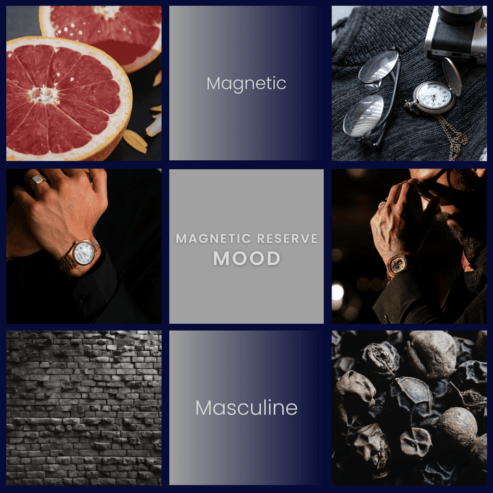 Magnetic Reserve masculine candle mood board featuring grapefruit citrus, peppercorn spice, luxury watches and dark masculine textures