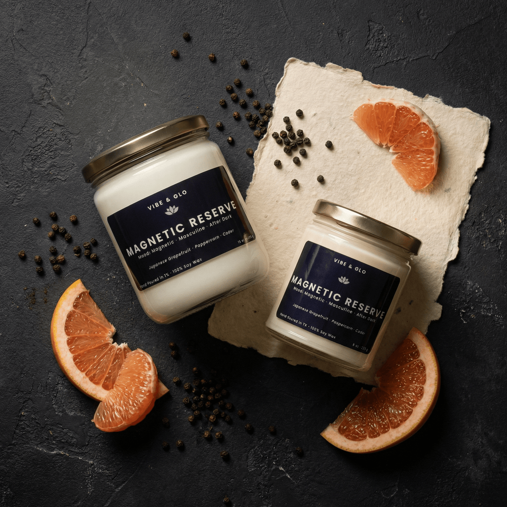 Magnetic Reserve wooden wick soy candles in 8 oz and 16 oz sizes styled with grapefruit slices and peppercorn fragrance notes