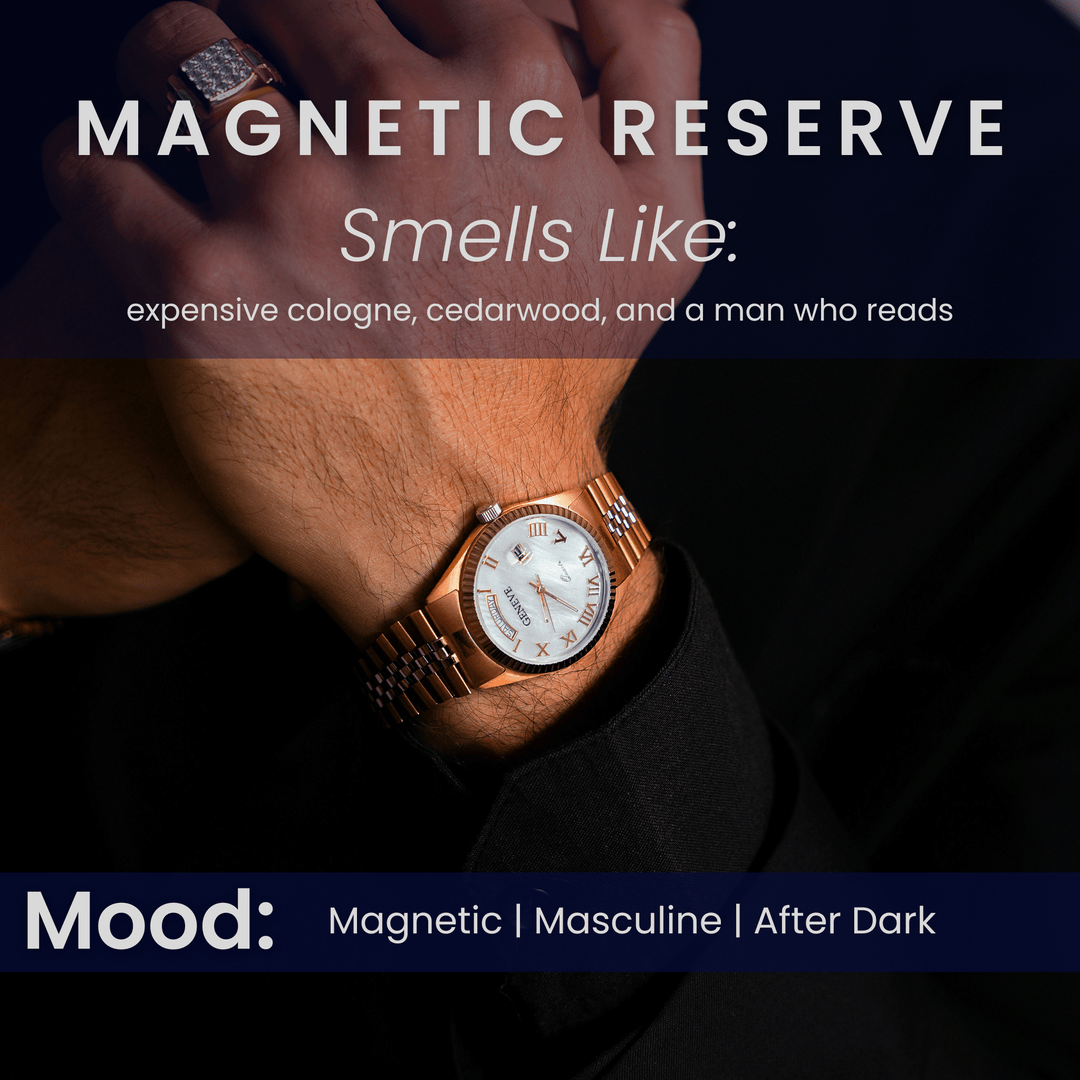 Magnetic Reserve masculine wooden wick soy candle graphic describing the scent as expensive cologne with cedarwood and a magnetic after dark mood