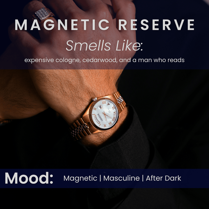 Magnetic Reserve masculine wooden wick soy candle graphic describing the scent as expensive cologne with cedarwood and a magnetic after dark mood