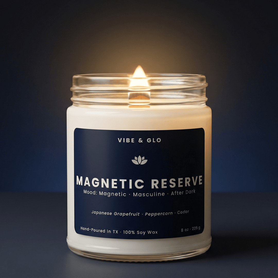 Magnetic Reserve wooden wick soy candle by Vibe and Glo with Japanese grapefruit peppercorn cedar masculine after dark luxury scent