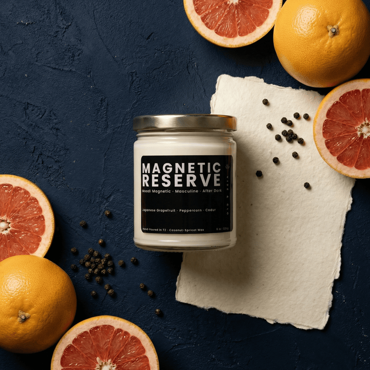 Magnetic Reserve masculine scented candle styled with grapefruit and peppercorn, citrus woody fragrance with cedar notes
