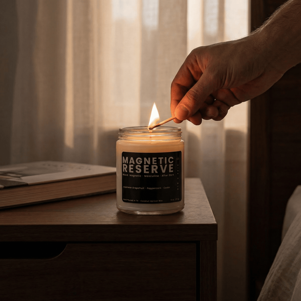 Hand lighting Magnetic Reserve masculine scented candle on bedside table, bold grapefruit peppercorn and cedar fragrance