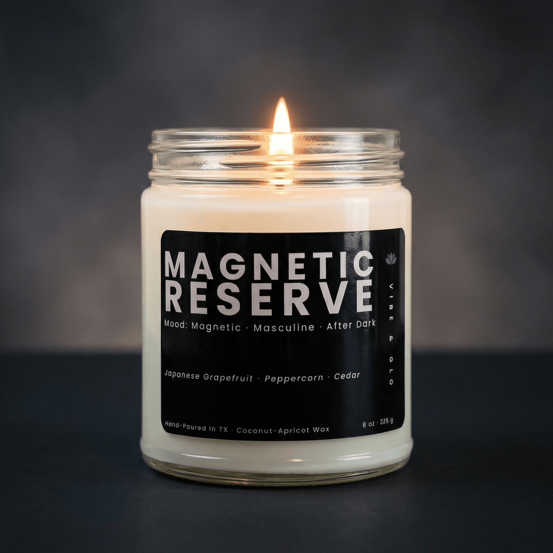 Magnetic Reserve masculine scented jar candle burning with clean citrus and wood notes, modern grapefruit peppercorn cedar blend