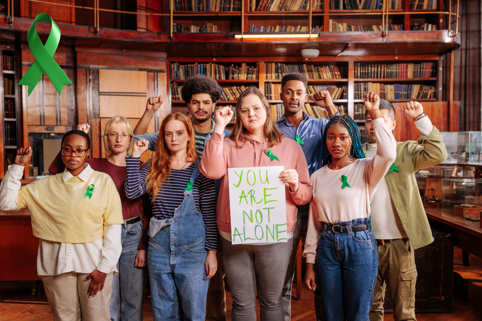 Diverse group of people wearing green mental health awareness ribbons and holding a sign that reads “You are not alone” in a library setting with raised fists in support and solidarity