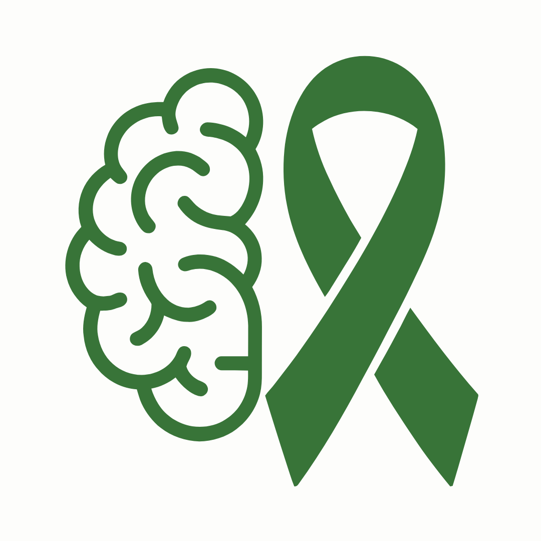 Green mental health awareness icon featuring a stylized brain next to a green awareness ribbon.