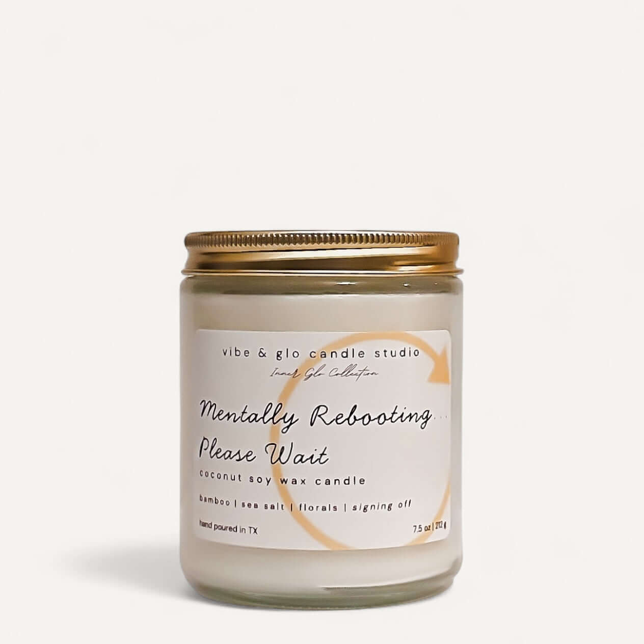 Mentally Rebooting Please Wait coconut soy wax candle by Vibe & Glo Candle Studio with bamboo, sea salt, and floral notes. Calming, refreshing, peaceful fragrance, hand-poured in Texas, perfect for home decor and self-care.