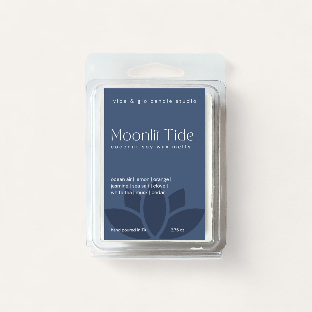 Moonlit Tide coconut soy wax melts package featuring ocean air, lemon, jasmine, and sea salt scents.
