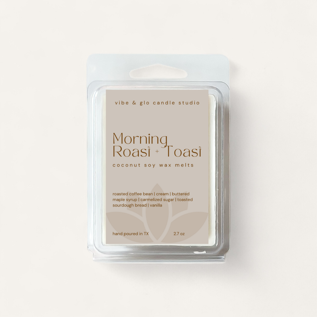 Morning Roast + Toast Wax Melts packaging featuring roasted coffee, maple syrup, and toasted sourdough scents.