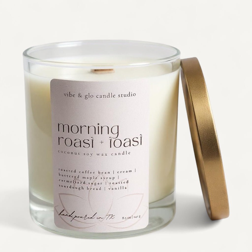 Morning Roast and Toast coffee-inspired candle by Vibe and Glo with gold lid.