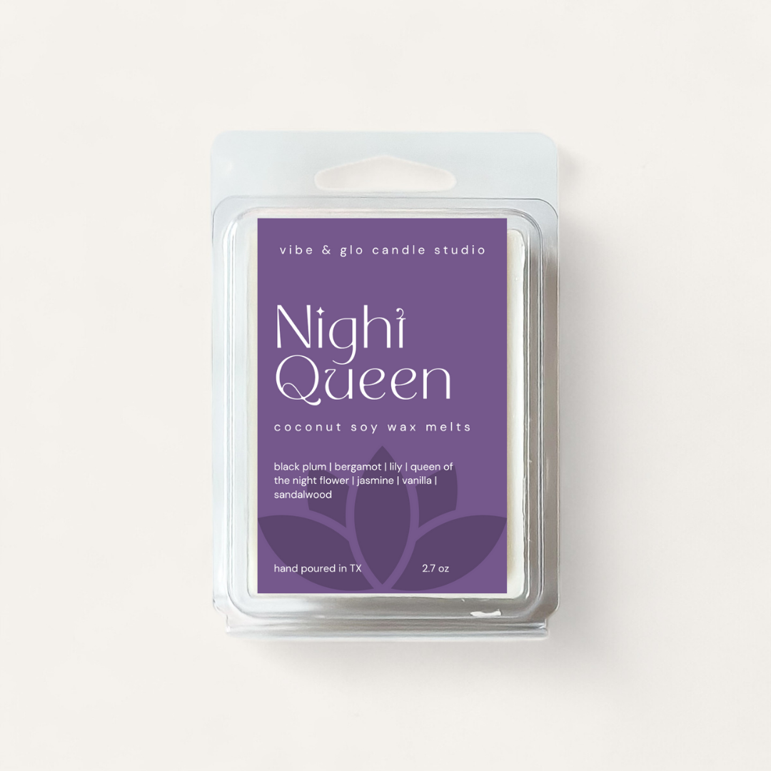 Night Queen Wax Melts package featuring black plum, bergamot, lily, and sandalwood scents in a sleek design.