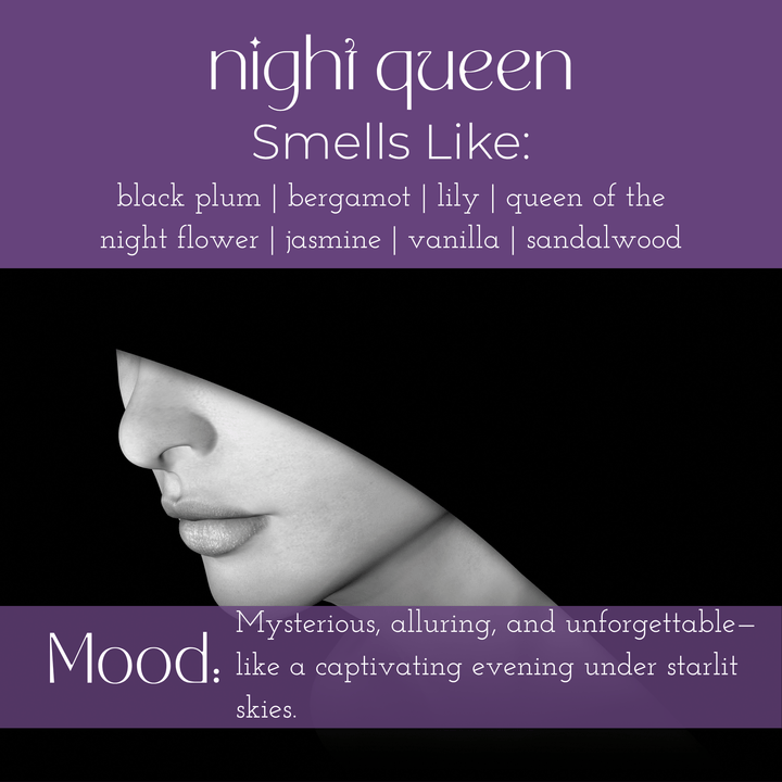 Night Queen scent description featuring black plum, bergamot, lily, and a captivating mood.