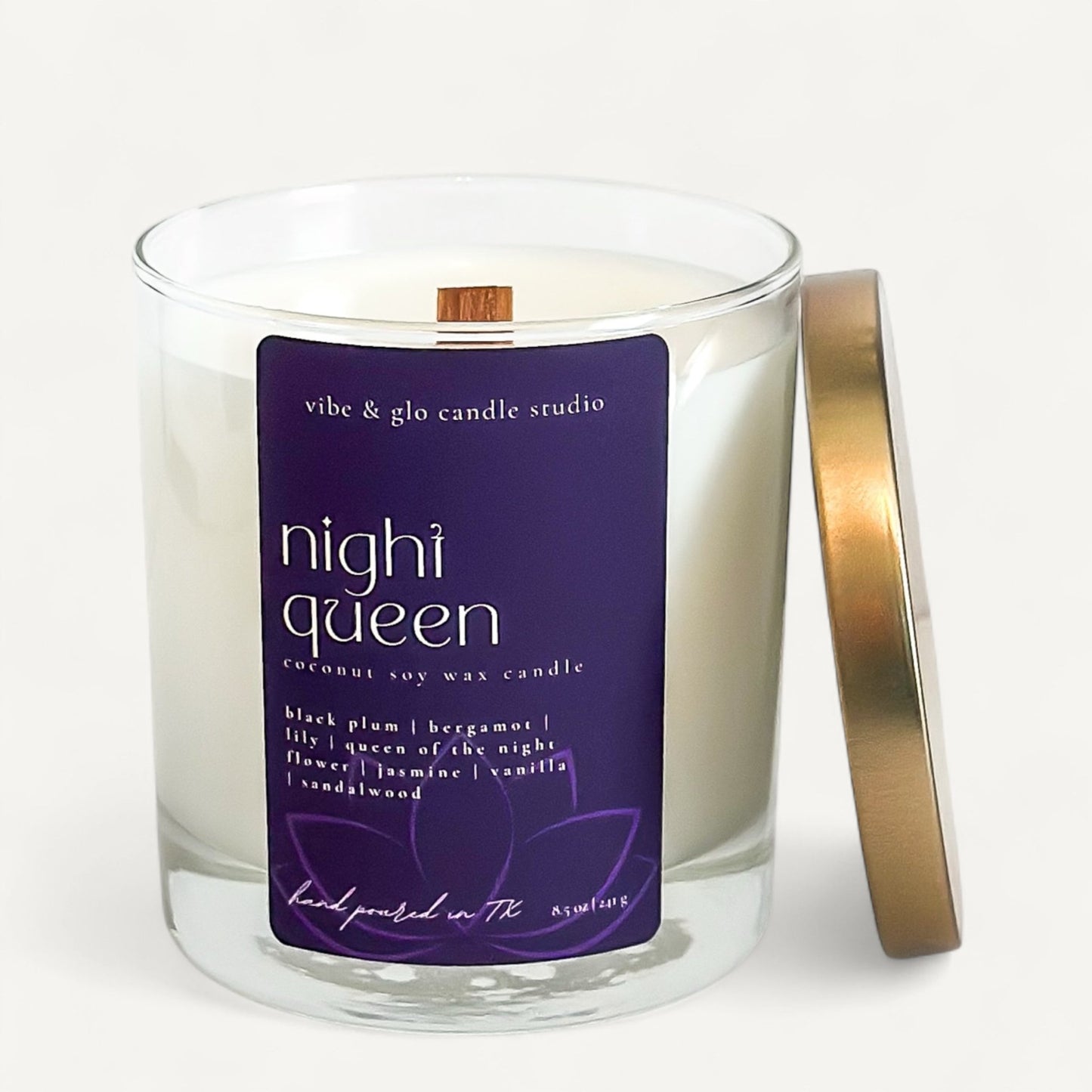 Night Queen candle by Vibe and Glo with rich plum scent notes and purple label.
