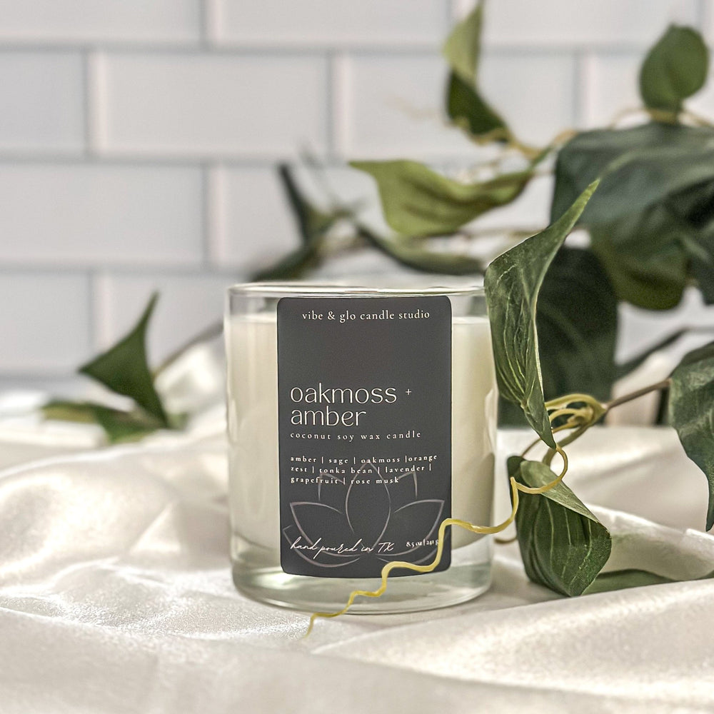 
                  
                    Oakmoss + Amber Coconut Soy Candle - Vibe & Glo Candle Studio
                  
                