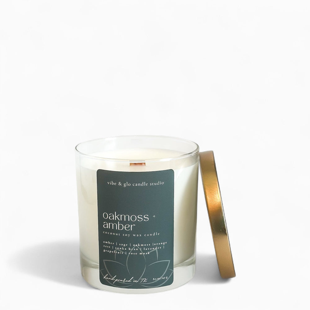 Oakmoss + Amber Coconut Soy Candle - Vibe & Glo Candle Studio
