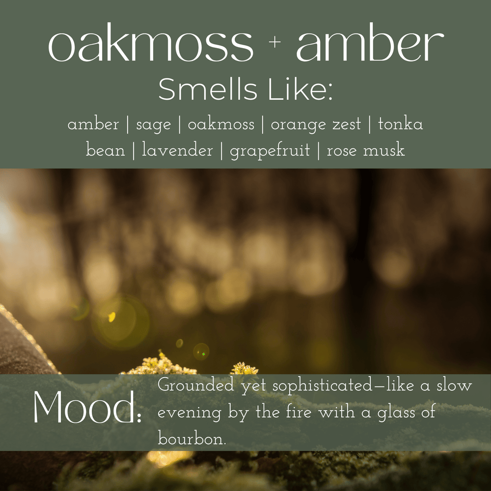 Oakmoss + Amber wax melts description with scent notes and mood information.