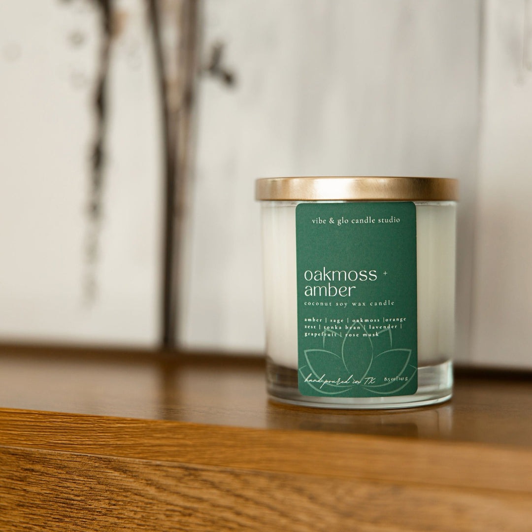Oakmoss + Amber Wood Wick Candle - Vibe & Glo Candle Studio