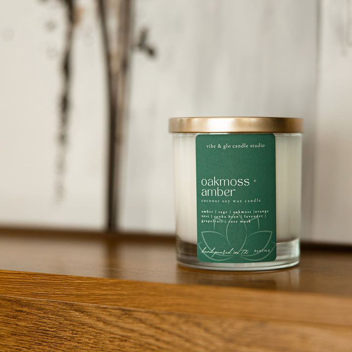 Oakmoss + Amber Wood Wick Candle - Vibe & Glo Candle Studio