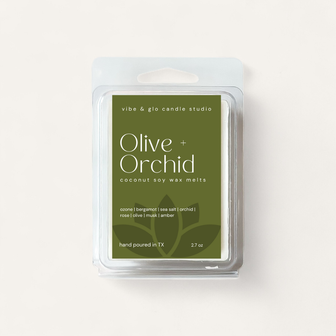Olive + Orchid Coconut Soy Wax Melts in packaging, featuring a clean and calming scent blend.
