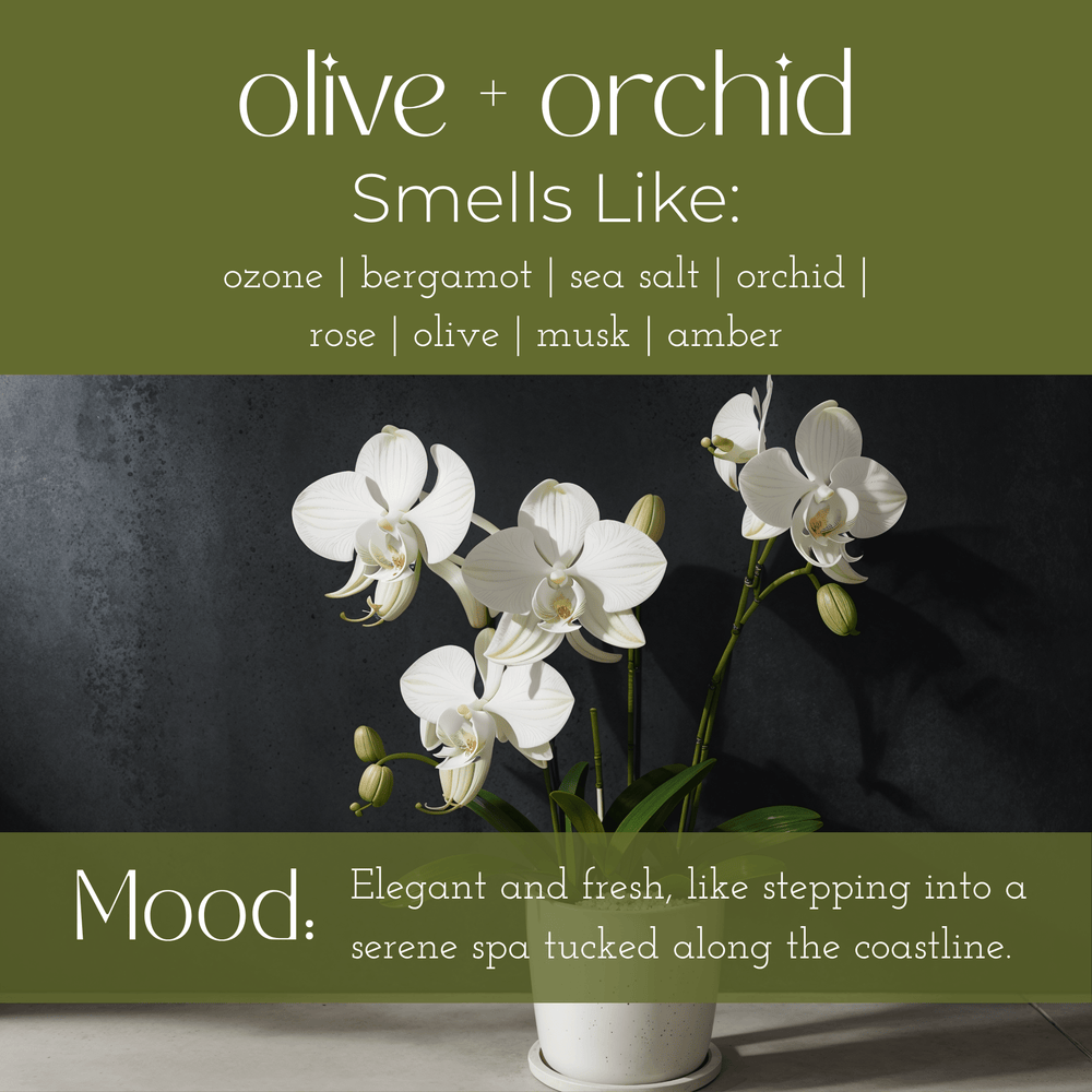 Olive + Orchid scent description with white orchids on a dark background, promoting a serene spa-like aroma experience.