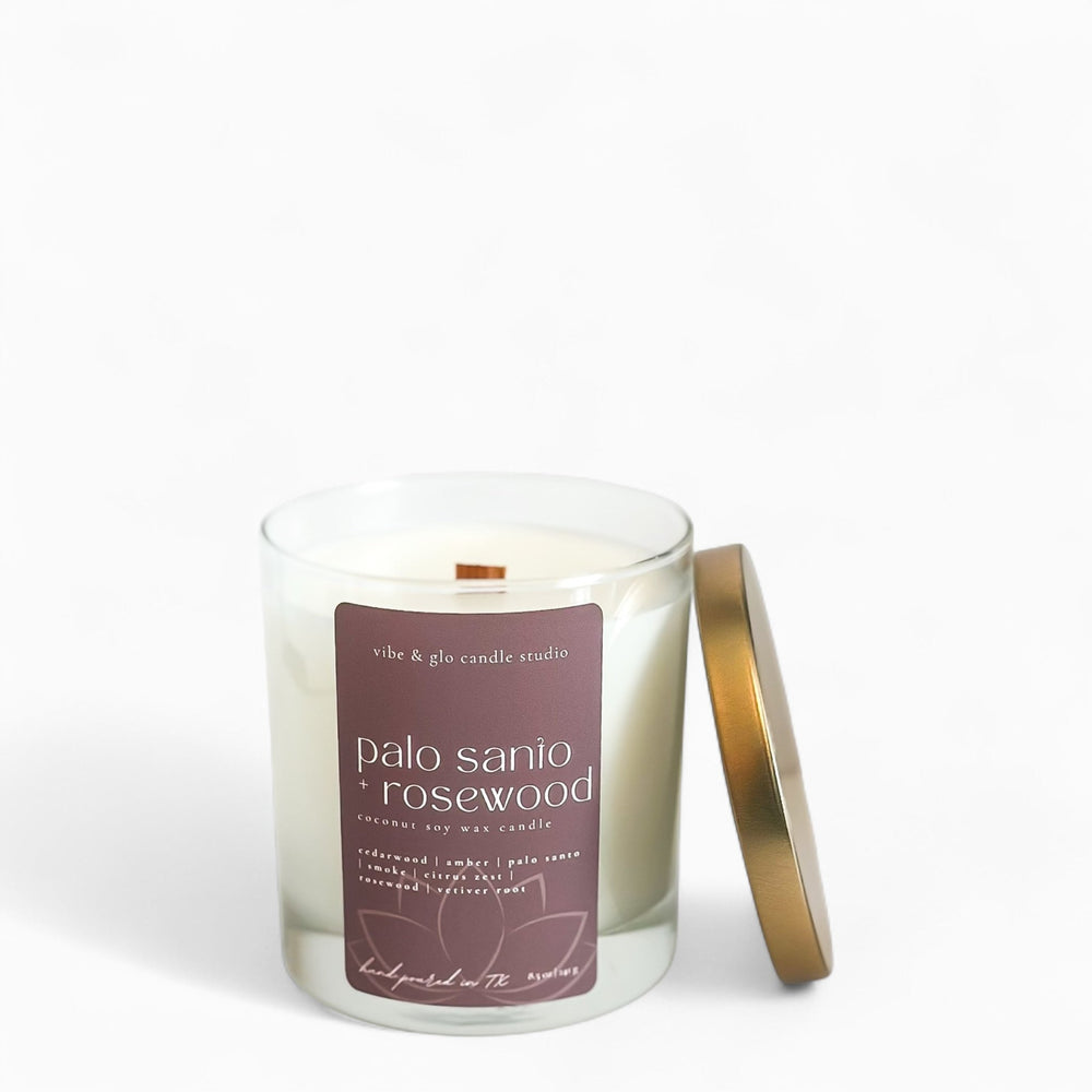 Palo Santo + Rosewood Coconut Soy Candle - Vibe & Glo Candle Studio
