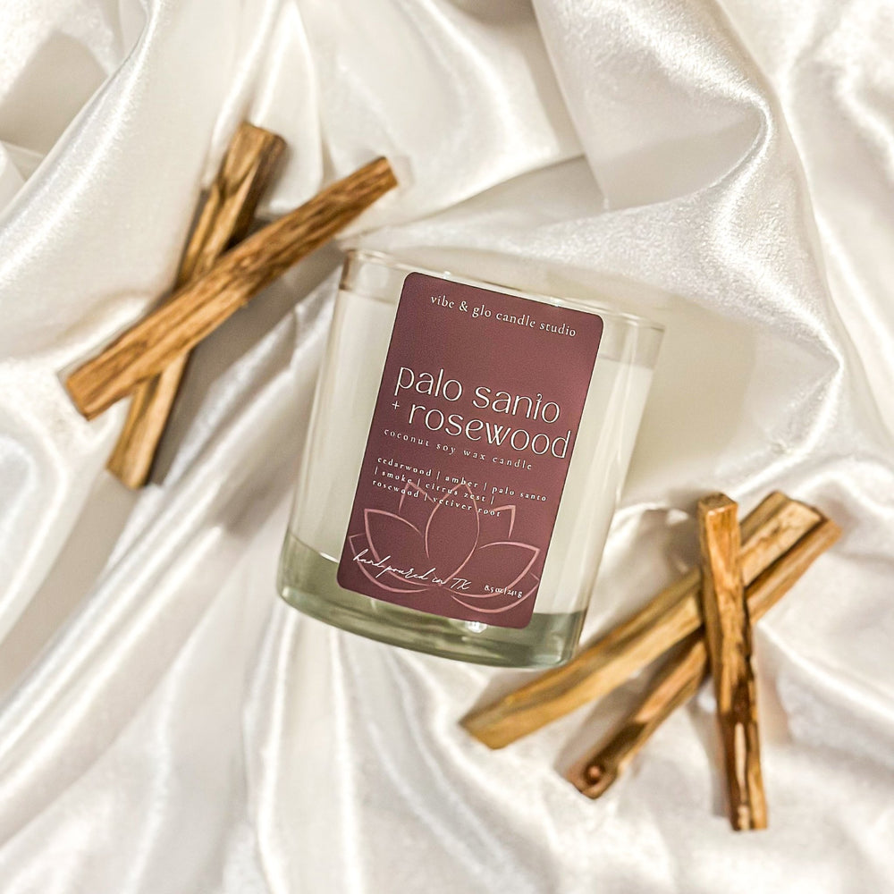 
                  
                    Palo Santo + Rosewood Coconut Soy Candle - Vibe & Glo Candle Studio
                  
                
