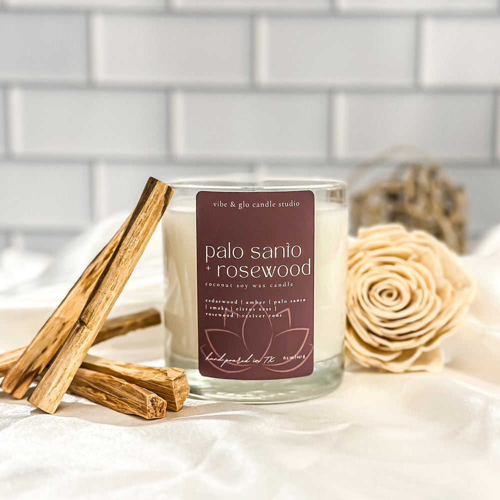 
                  
                    Palo Santo + Rosewood Coconut Soy Candle - Vibe & Glo Candle Studio
                  
                