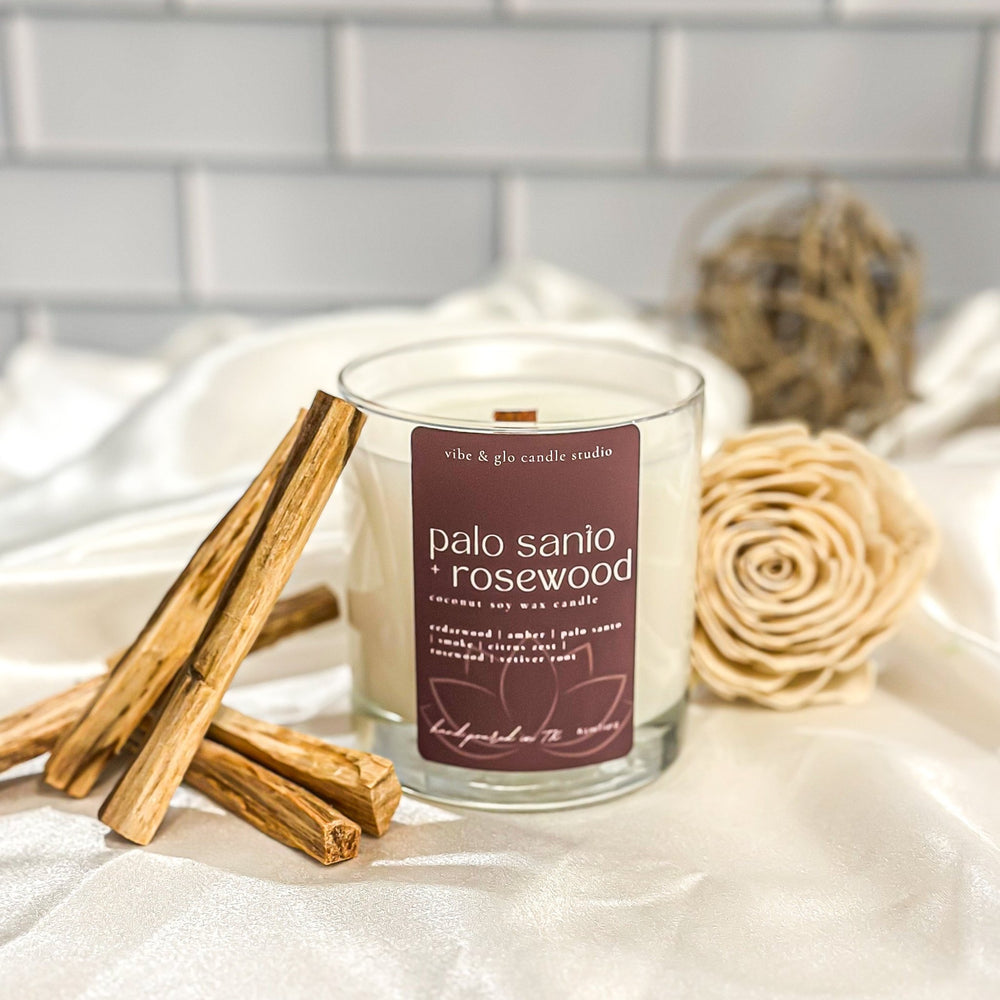 
                  
                    Palo Santo + Rosewood Coconut Soy Candle - Vibe & Glo Candle Studio
                  
                
