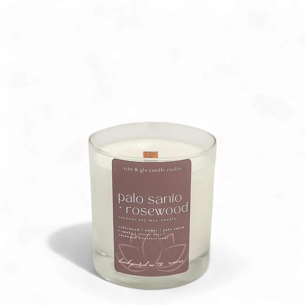 
                  
                    Palo Santo + Rosewood Coconut Soy Candle - Vibe & Glo Candle Studio
                  
                