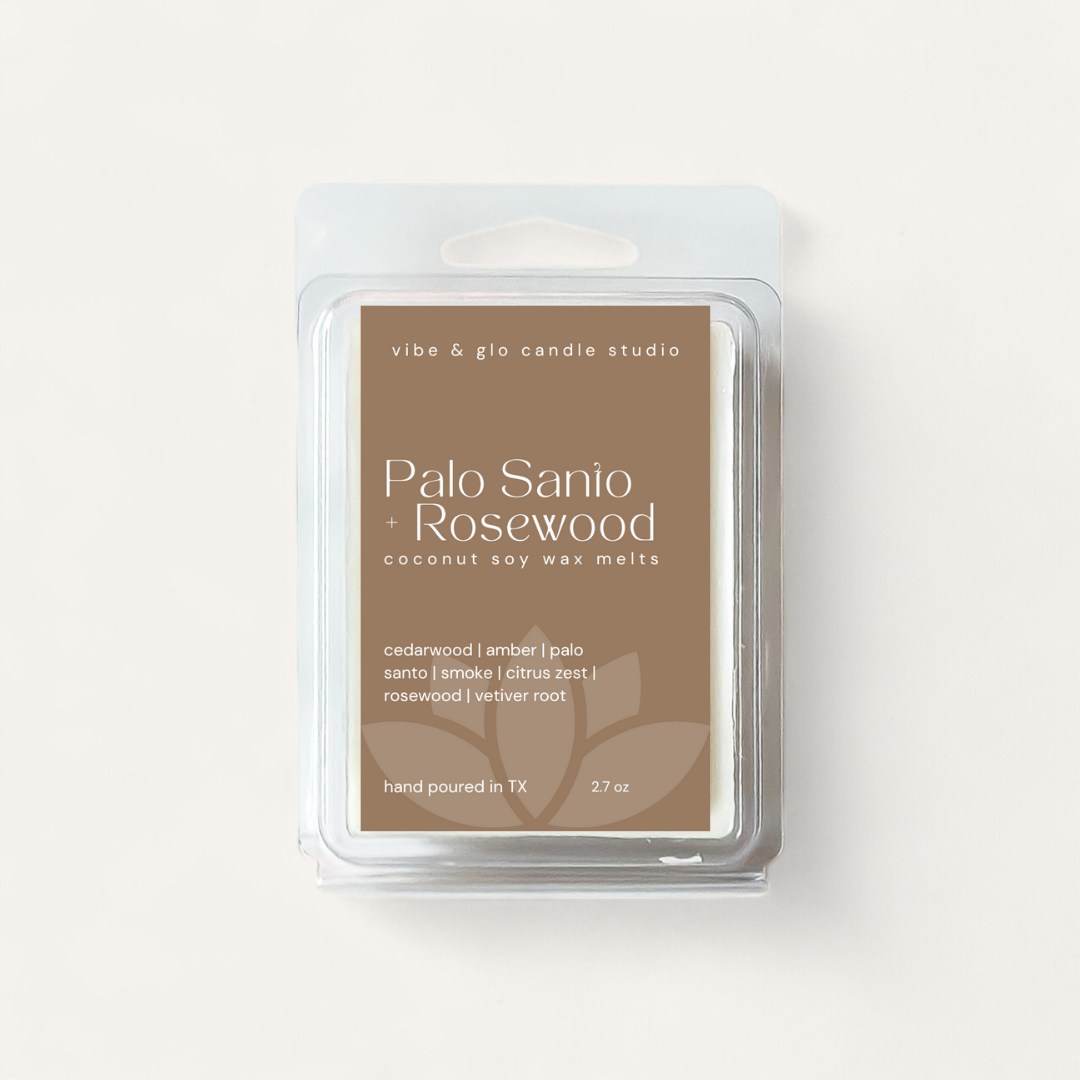 Palo Santo + Rosewood coconut soy wax melts packaging from Vibe & Glo Candle Studio, featuring earthy scents.