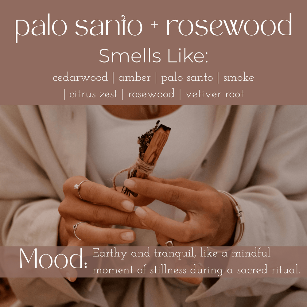 Palo Santo + Rosewood candle description with mood and scent notes on a calming background.