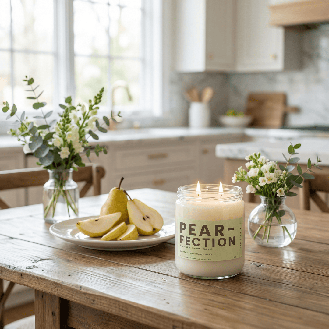 Pear-Fection candle burning on a wooden kitchen table with fresh pears and flowers, clean sweet pear candle scent