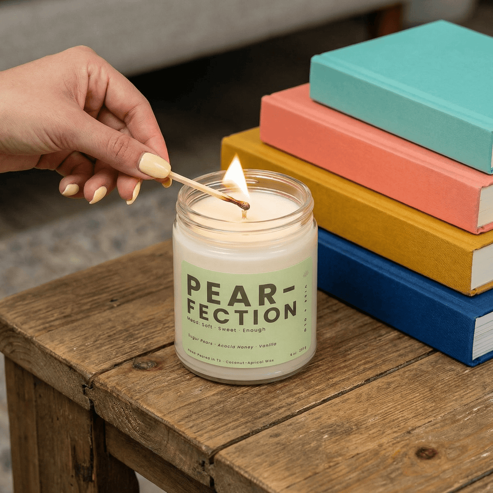 Hand lighting Pear-Fection candle on a wooden table with colorful books creating a cozy soft and sweet lifestyle scene