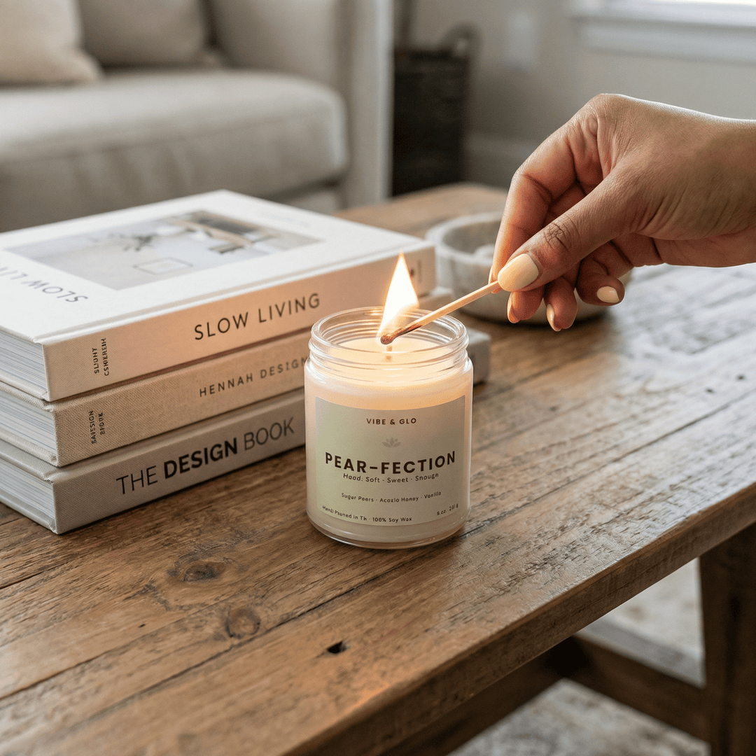 lighting a Pear-Fection soy candle with match on a wooden table styled with books creating a cozy home aesthetic moment